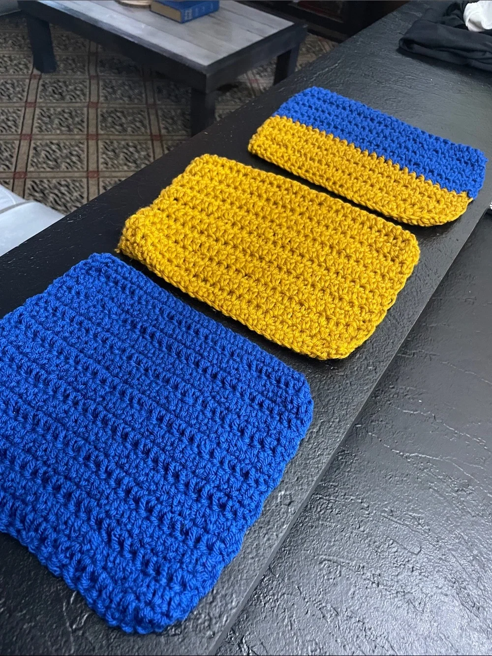 Hand-Crocheted Dishcloths in Royal Blue & Mustard Yellow Set of 3 Approx. 8x11
